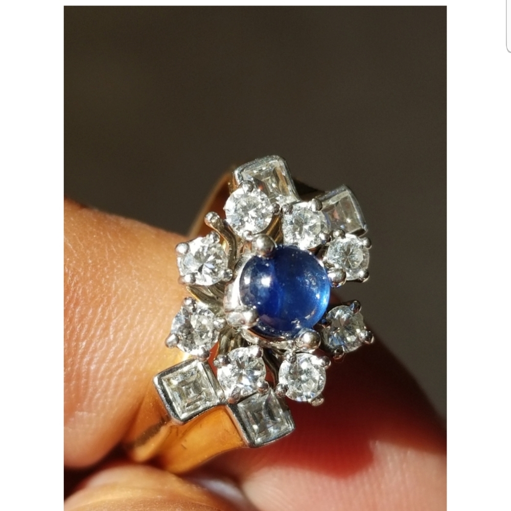 Antique 18k ceylon sapphire cabochon art deco diamond ring